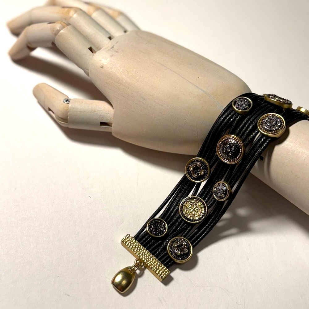 Chico’s Black Leather Bracelet with Gold and Rhinestone Coin Embellishments